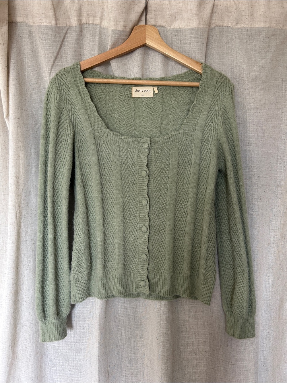 Cherry Paris Sage Green Button-Front Knit Cardigan